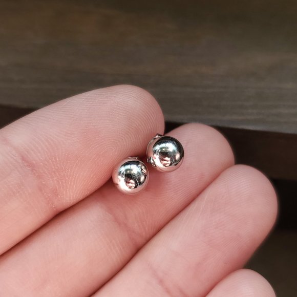 Sterling Silver Simple Round Orb Stud Earrings - Picture 2 of 6